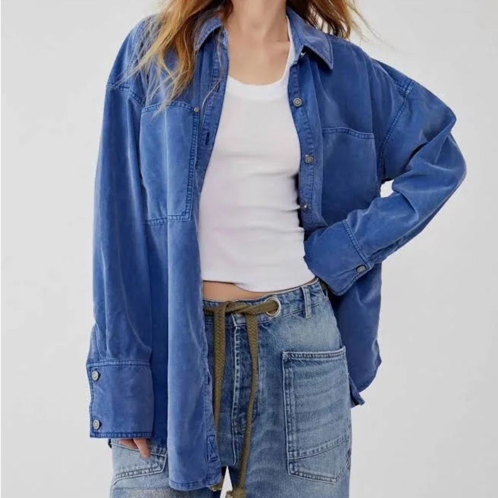 NWOT Free People Baby Cord Shirt Blue, size small